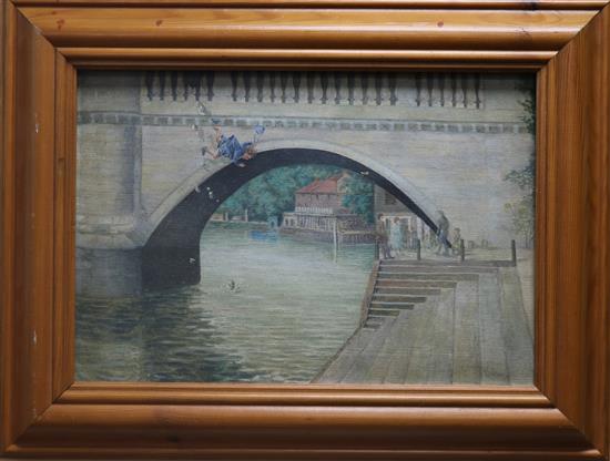 English School, oil on canvas, child falling from a bridge, indistinctly signed, 28 x 41cm